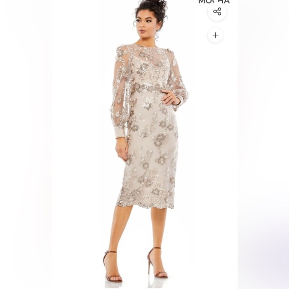 Mac Duggal Dresses & Skirts - NWT Mac Duggal Beige Embellished High Neck Illusion Long Sleeve Midi Dress 10